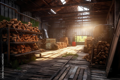 Industrial Woodworks  Factory Setup in Metal Shed. Generative AI