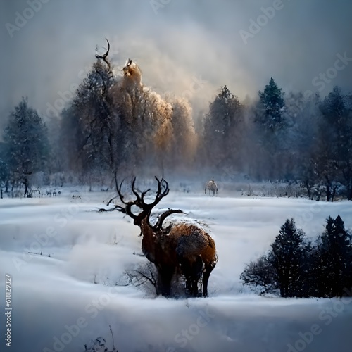 an elk standing in a snowy winter forest prairie scene majestic background baroque style noise reduction 