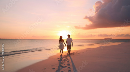 Sunset with Couple Walking on Tropical Beach at Dusk Till Dawn