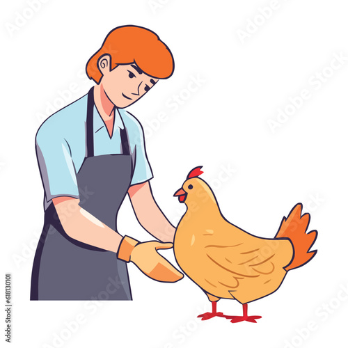 Smiling farmer holding cute rooster in farm