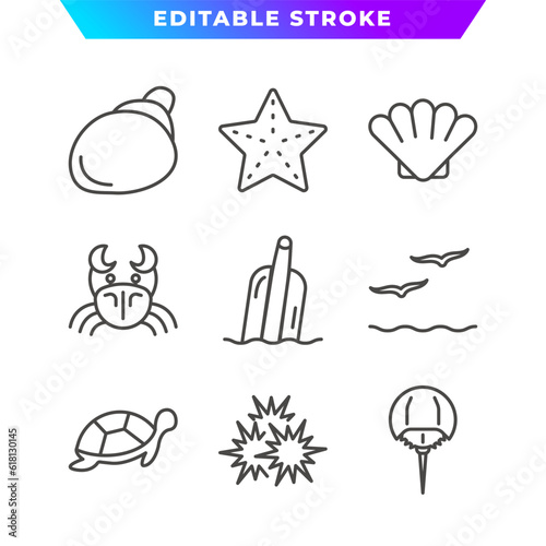 Set of Coastal Life Outline Icon. Sea Urchins, Turtle, Horseshoe Crab, Bamboo Calm, Hermit, and More. Editable Stroke. Vector Eps 10