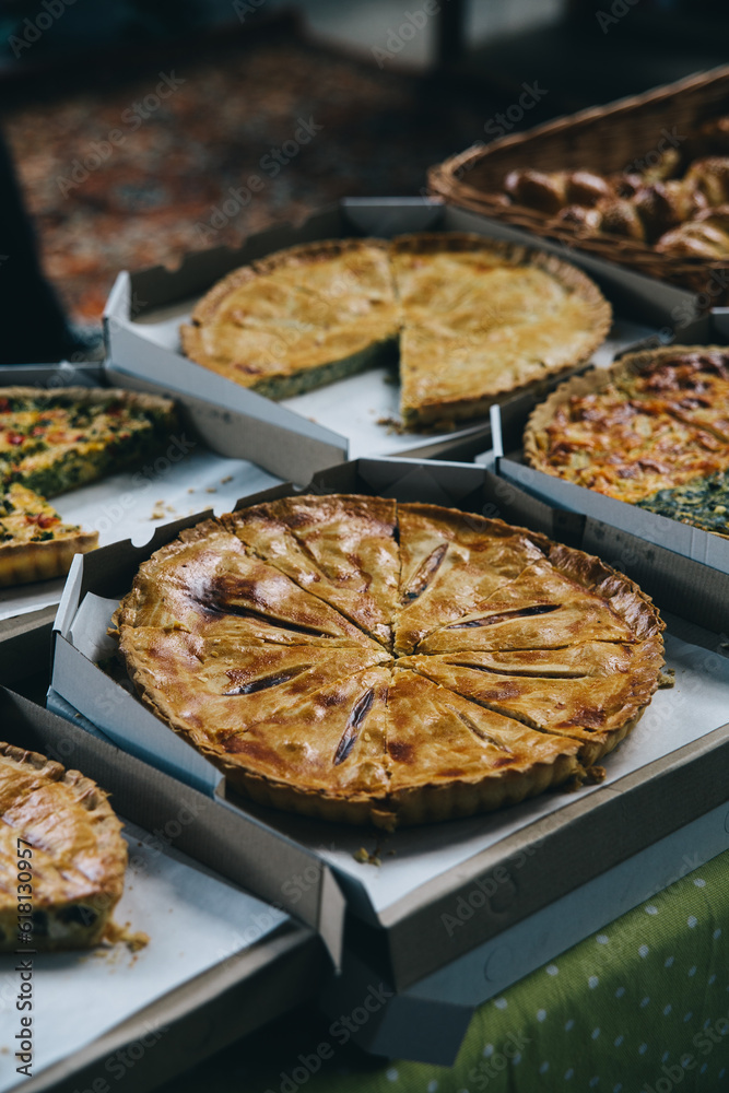 Many pieces pies in a boxes. Delicious baked diferent tastes. Food market Many pieces pies in a boxes. Delicious baked diferent tastes. Food market