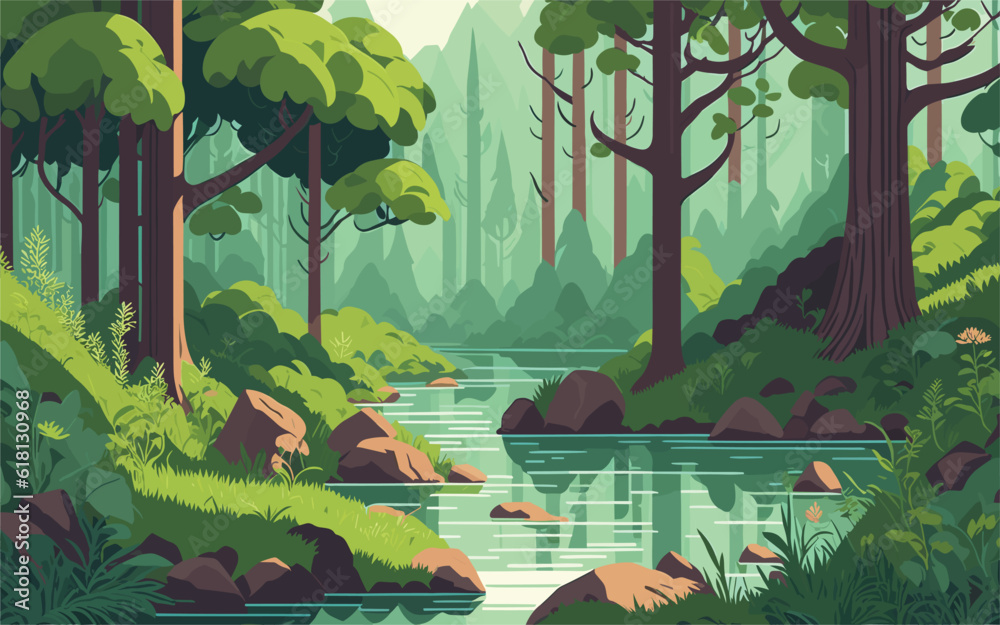 vector illustration serene forest glade with sunlight filtering through the trees, moss-covered rocks, and a gentle stream. tranquility and natural beauty, nature inspired brands, meditation apps, or