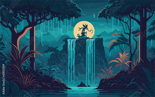 background illustration showcasing a serene jungle scene with a hidden waterfall nestled among ancient ruins covered in lush vegetation. sense of tranquility and evoke a spirit of exploration
