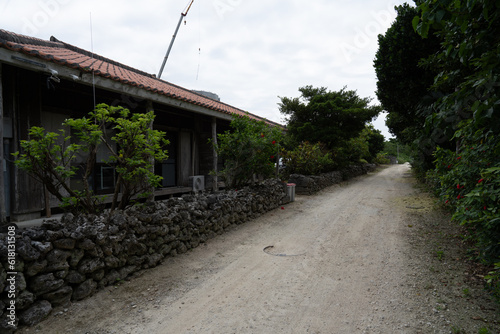 伝統的な沖縄の家、沖縄の民宿、沖縄の一軒家、古くなった木造の一軒家、無人になった木造建築の平屋