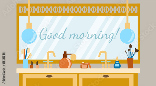 The interior of a cozy bathroom with a large mirror and cosmetics and the inscription Good morning on the mirror. Vector illustration in a flat hand-drawn style.