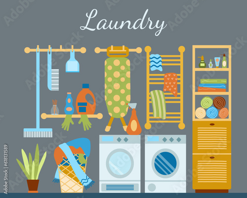 Vector illustration of a cozy home laundry room with eco-friendly in the boho style, furniture in a flat hand-drawn style. Lettering  laundry