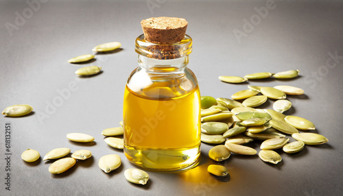 Pumpkin seed oil in a glass jar isolated on white background.