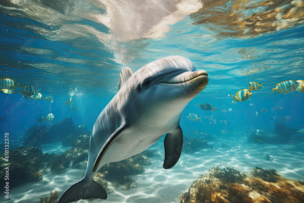 Fototapeta premium Dolphin underwater, Generative AI