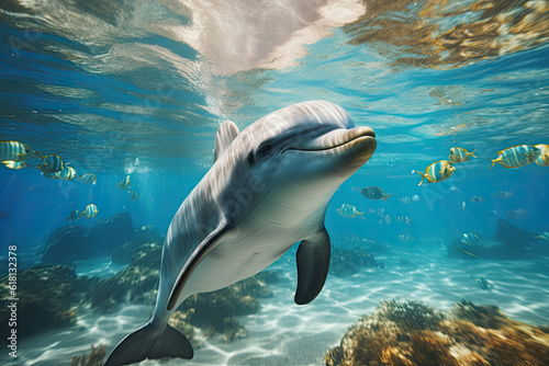 Dolphin underwater, Generative AI © Aleksandr Bryliaev