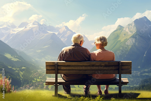 Back view of senior couple sitting on a bench and enjoying wonderful view of a mountains valley, Generative AI