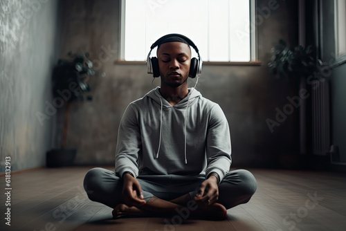 A Black Man Practicing Yoga While Wearing Headphones: An Exercise in Mindfulness and Music Harmony