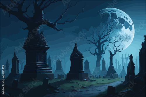 A gothic graveyard shrouded in mist, with weathered tombstones and gnarled trees. A full moon casts a pale light on the scene, revealing shadowy figures rising from their graves