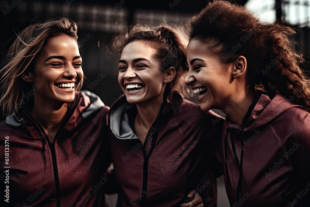 Fitness fun: Multi-ethnic group of happy female athletes laughing