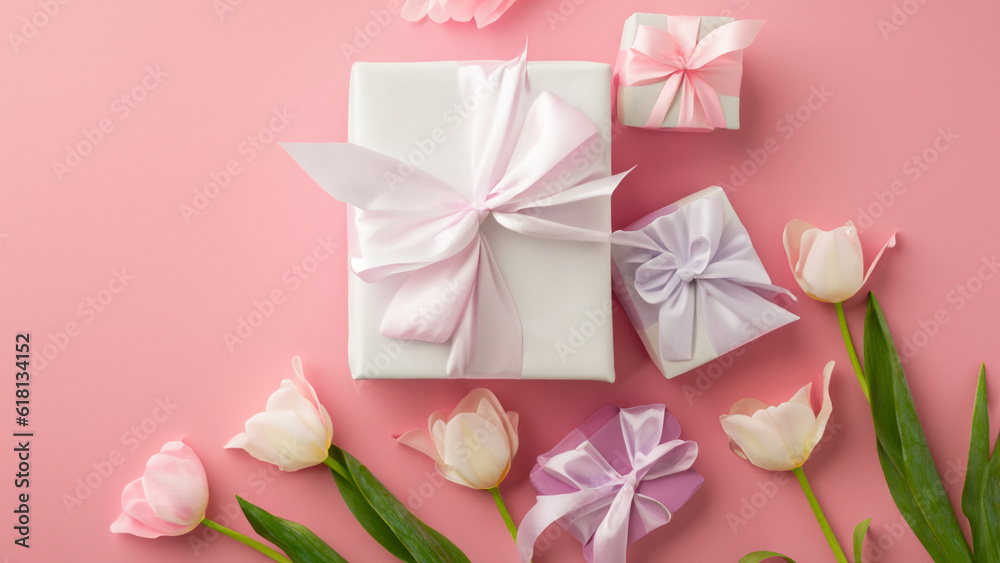Mothers Day decorations concept. Top view photo of trendy gift boxes with ribbon bows and tulips on isolated pastel pink background with copyspace Mothers Day decorations concept. Top view photo of trendy gift boxes with ribbon bows and tulips on isolated pastel pink background with copyspace