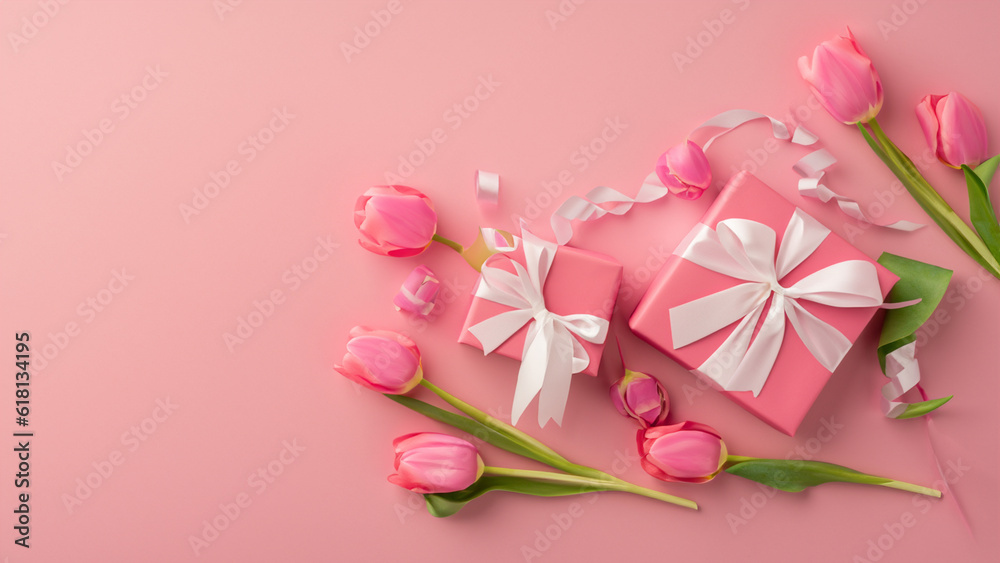 Mothers Day decorations concept. Top view photo of trendy gift boxes with ribbon bows and tulips on isolated pastel pink background with copyspace Mothers Day decorations concept. Top view photo of trendy gift boxes with ribbon bows and tulips on isolated pastel pink background with copyspace