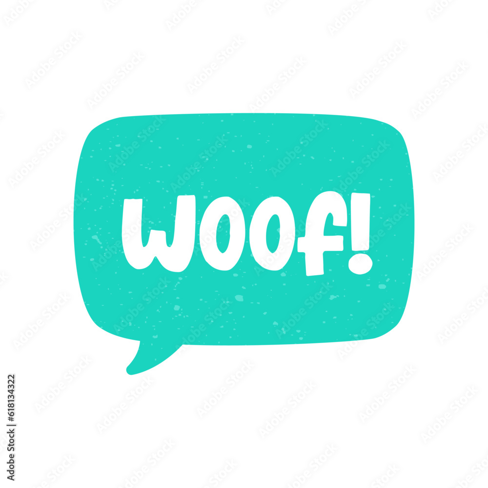 Woof! text in a speech bubble balloon digital sticker design. Cute cartoon comics dog bark sound effect and lettering. Textured vector illustration. Woof! text in a speech bubble balloon digital sticker design. Cute cartoon comics dog bark sound effect and lettering. Textured vector illustration.