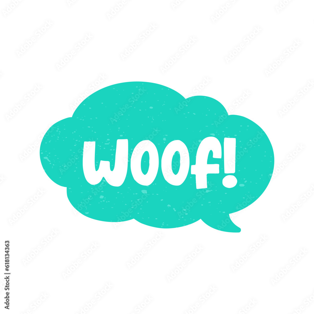 Woof! text in a speech bubble balloon digital sticker design. Cute cartoon comics dog bark sound effect and lettering. Textured vector illustration. Woof! text in a speech bubble balloon digital sticker design. Cute cartoon comics dog bark sound effect and lettering. Textured vector illustration.