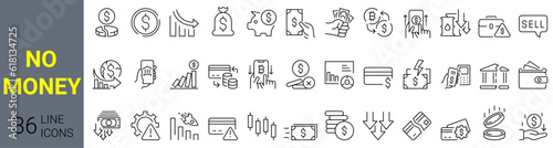 Set of 36 line web icons No dollar money bag. Bankruptcy. Financial Crime Related, Money Laundering. No cash. Collection of Outline Icons. Vector illustration.