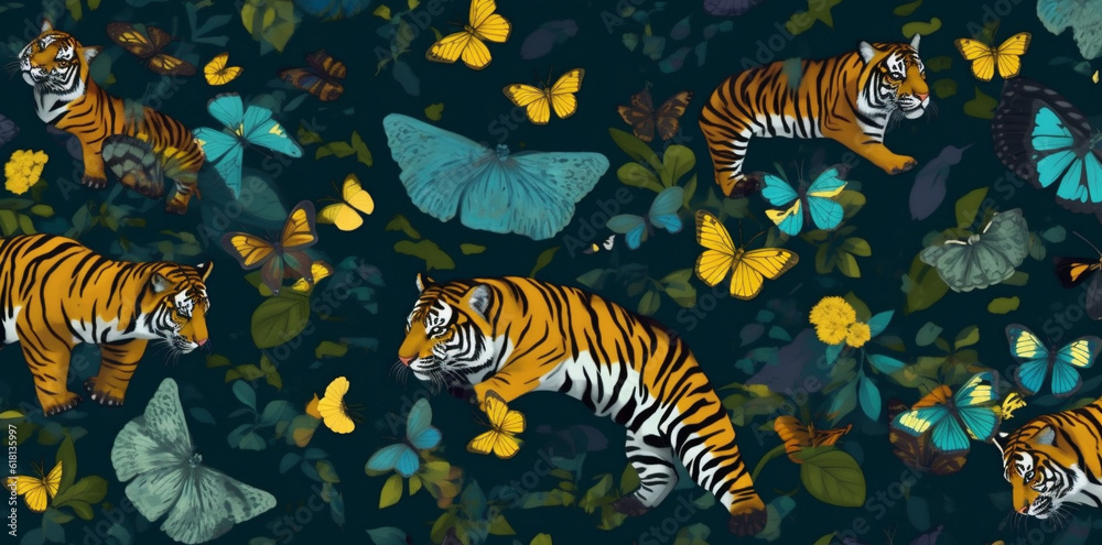 Obraz premium tiger illustration flower nature animal pattern vintage design art drawing. Generative AI.