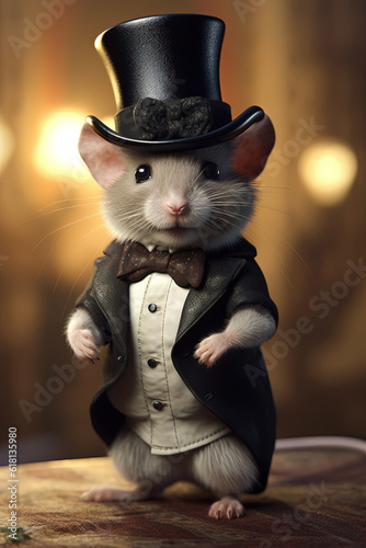 Cute mouse dressed with tuxedo and top hat