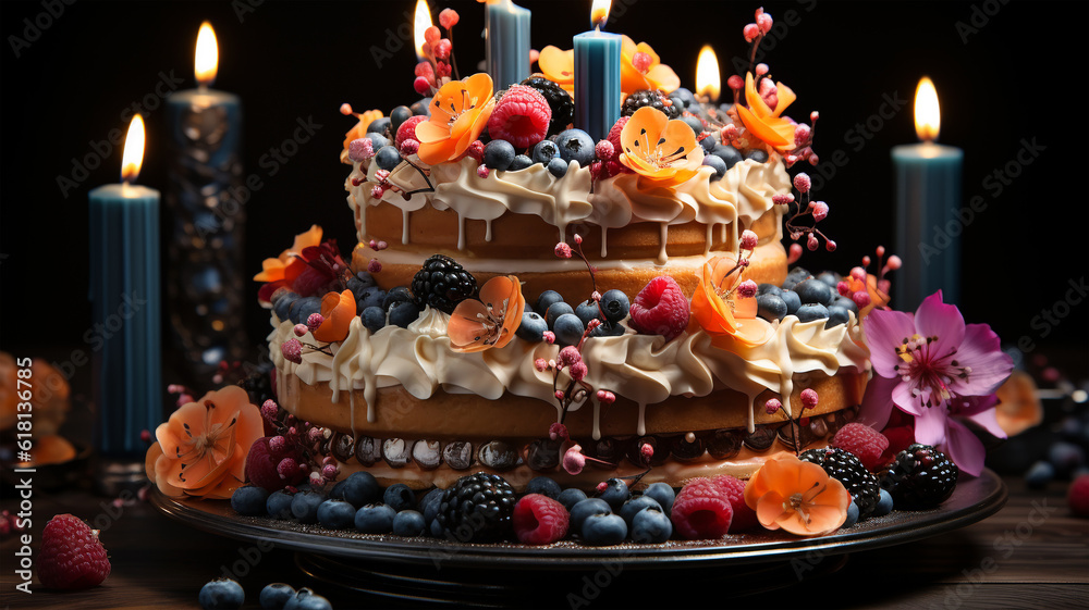 Birthday cake with fruit, berries and biscuits, copy space, party concept for children and adults