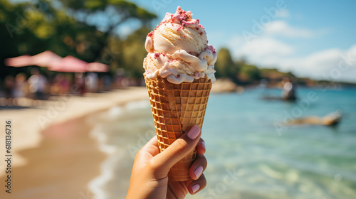Unrecognizable girl's hand holding ice cream cone with tropical beach background. Generative AI