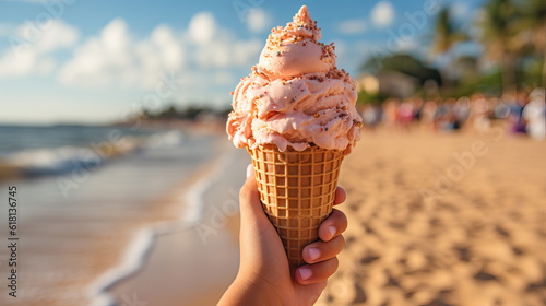 Unrecognizable girl's hand holding ice cream cone with beach background. Generative AI