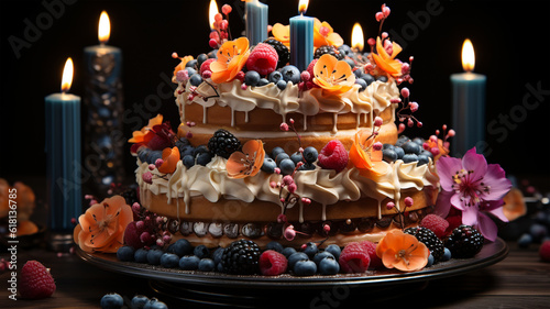 Birthday cake with fruit, berries and biscuits, copy space, party concept for children and adults © HelgaQ