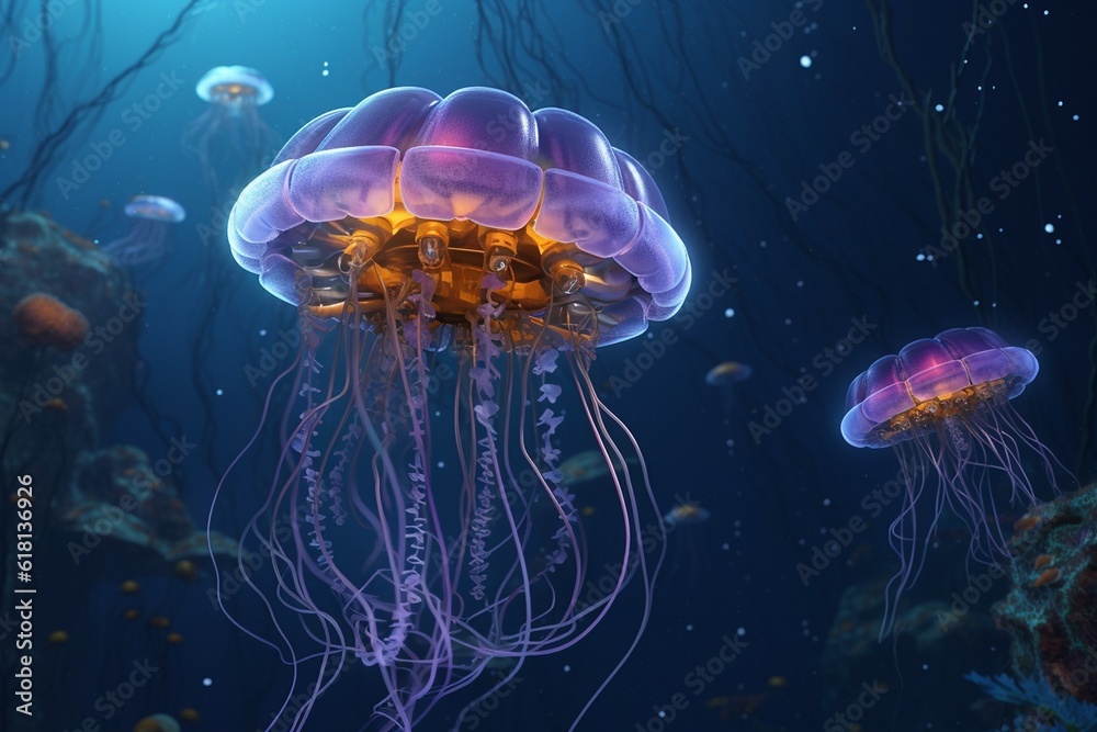 Jellyfish robot swiming in the sea. Ocean exploration illustration. AI generated Jellyfish robot swiming in the sea. Ocean exploration illustration. AI generated