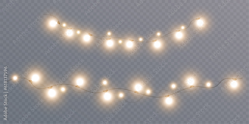 Christmas golden lights isolated on transparent background. For New Year and holiday decoration.