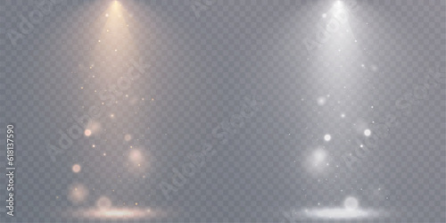Spotlight isolated on transparent background with bokeh light dust glitter effect. Vector