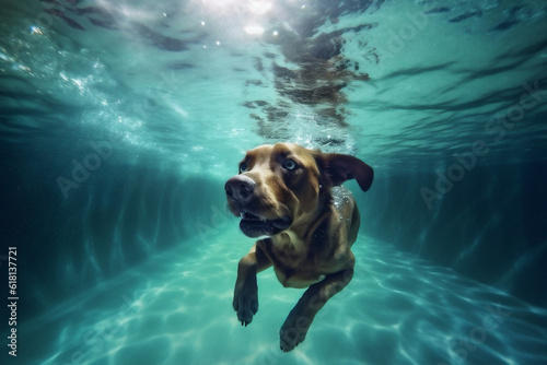 dog underwater vacation pool water swimming puppy funny fun snorkeling. Generative AI. © VICHIZH