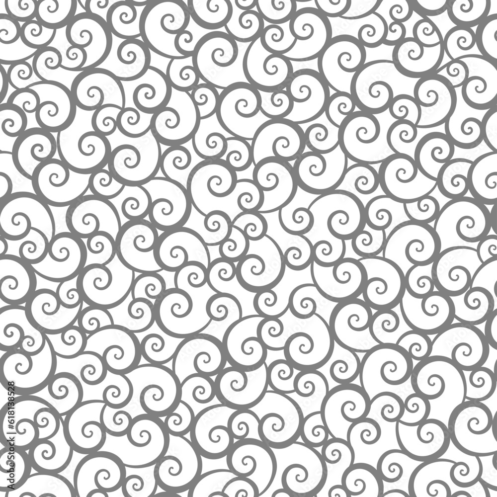 Seamless (repeatable) scrolls and swirls pattern background of flat gray color and transparent backdrop

