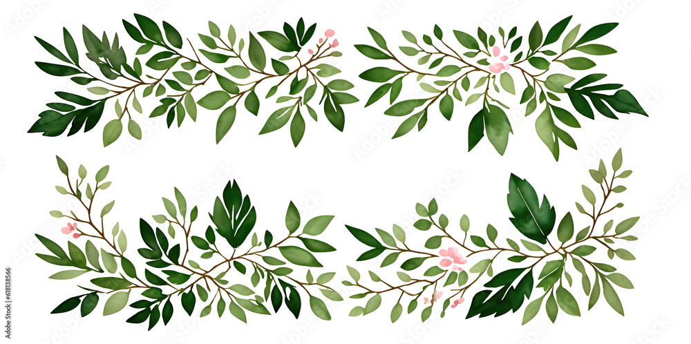 Green twigs and leaves on a white background. Place for text.
