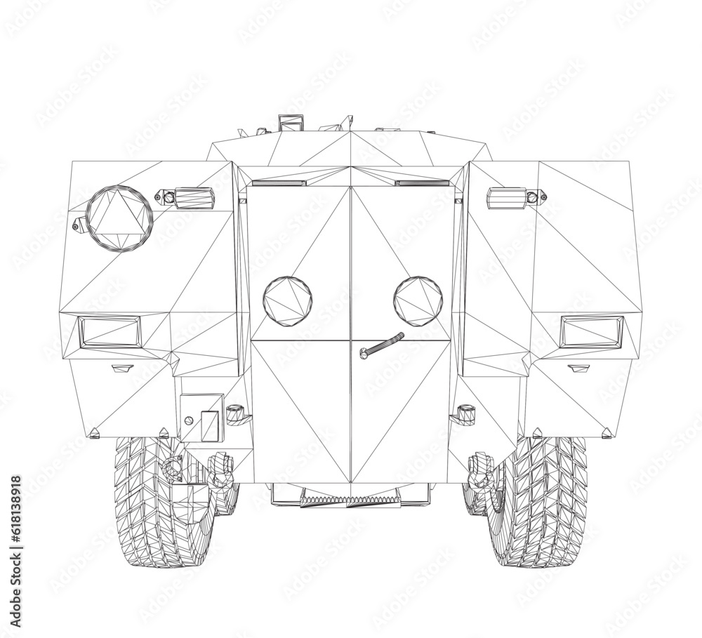 Wireframe Armored troop carrier. Military machinery drawing vector illustration. BTR 3D.