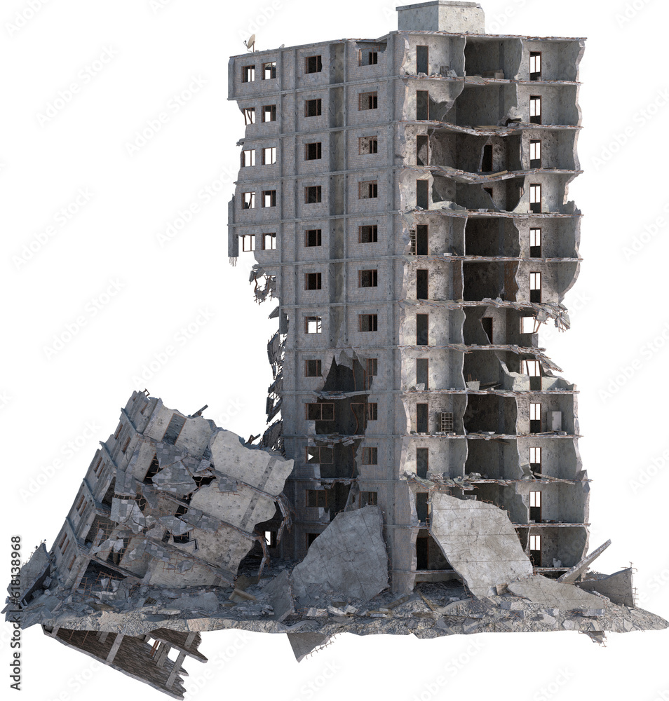 destroyed bombed building 3d render isolated