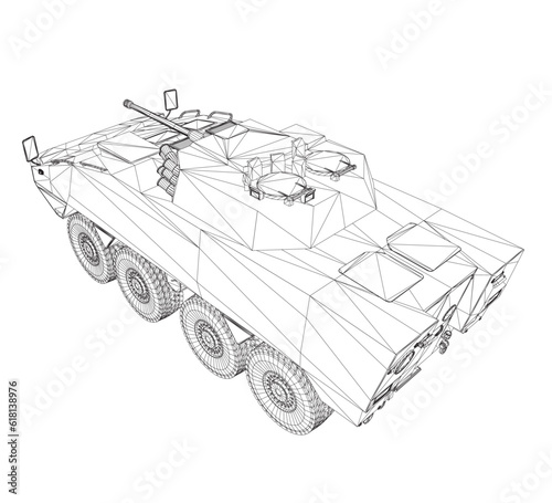 Wireframe Armored troop carrier. Military machinery drawing vector illustration. BTR 3D.