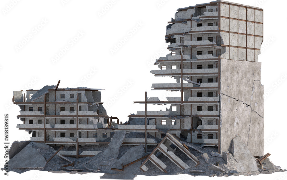 destroyed bombed building 3d render isolated