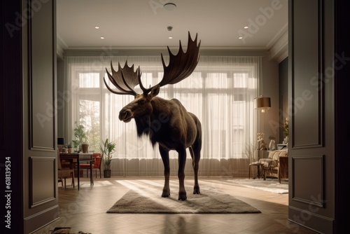 a huge elk stands in the middle of a modern interior, lifestyle conceptual illustration, ai tools generated image photo