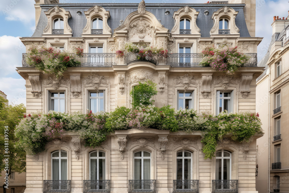 Façade d'un immeuble parisien, de type Haussmannien avec des balcons fleuris de géraniums blancs	