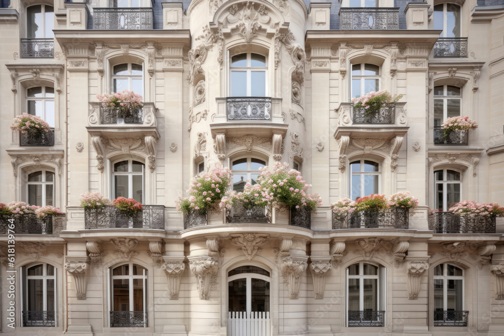 Façade d'un immeuble parisien, de type Haussmannien avec des balcons fleuris de géraniums rouges	