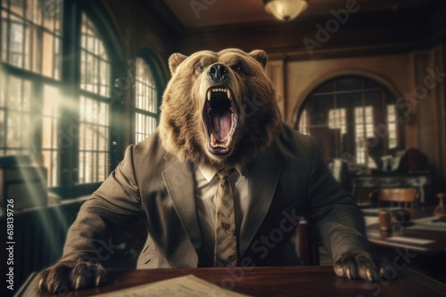Angry roaring bear wearing suit, metaphor on the theme of types of office worker, ai tools generated image