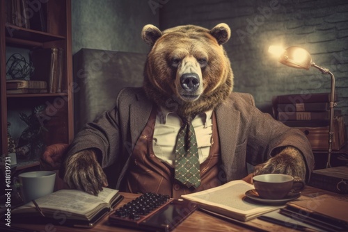 Real bear wearing suit, metaphor on the theme of types of office worker, ai tools generated image