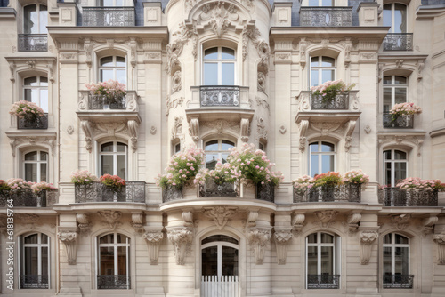 Façade d'un immeuble parisien, de type Haussmannien avec des balcons fleuris de géraniums rouges 