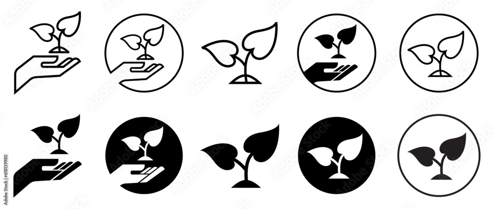 Environmental protection icon. Hands with plant and leaf sign symbol set collection. Environment protection natural care of organic soil fertilizer to sustainability. Vector black planet tree web ui
