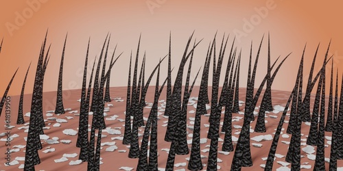 Hair follicles and dandruff under microscope - 3D illustration