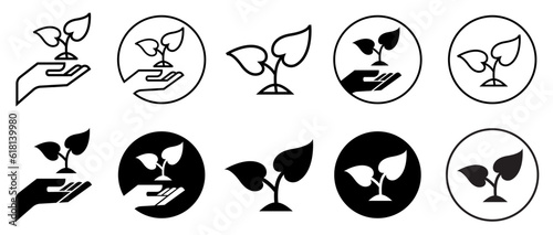 Environmental protection icon. Hands with plant and leaf sign symbol set collection. Environment protection natural care of organic soil fertilizer to sustainability. Vector black planet tree web ui