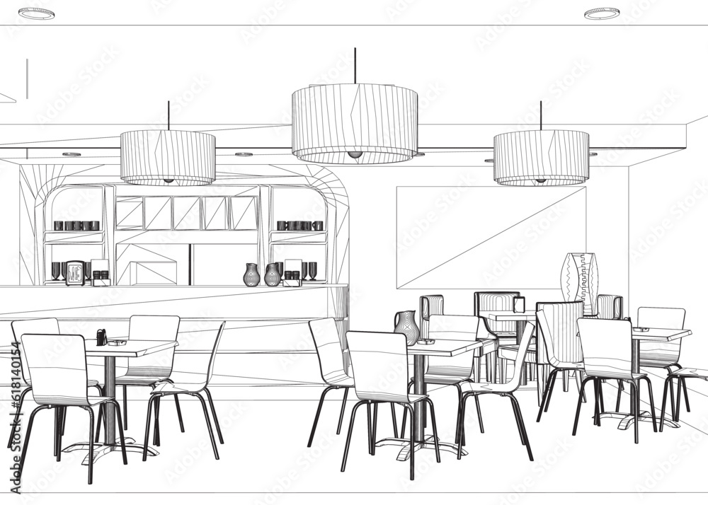 Modern Restaurant. Contour of furnished interior of fancy restaurant or bistro hand drawn with contour lines on white background. Rough drawing of modern cafe. Monochrome vector illustration.