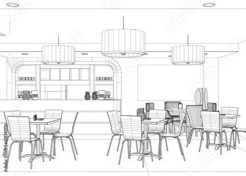 Modern Restaurant. Wireframe of furnished interior of fancy restaurant or bistro hand drawn with lines on white background. Rough drawing of modern cafe. Monochrome vector illustration. 3D.